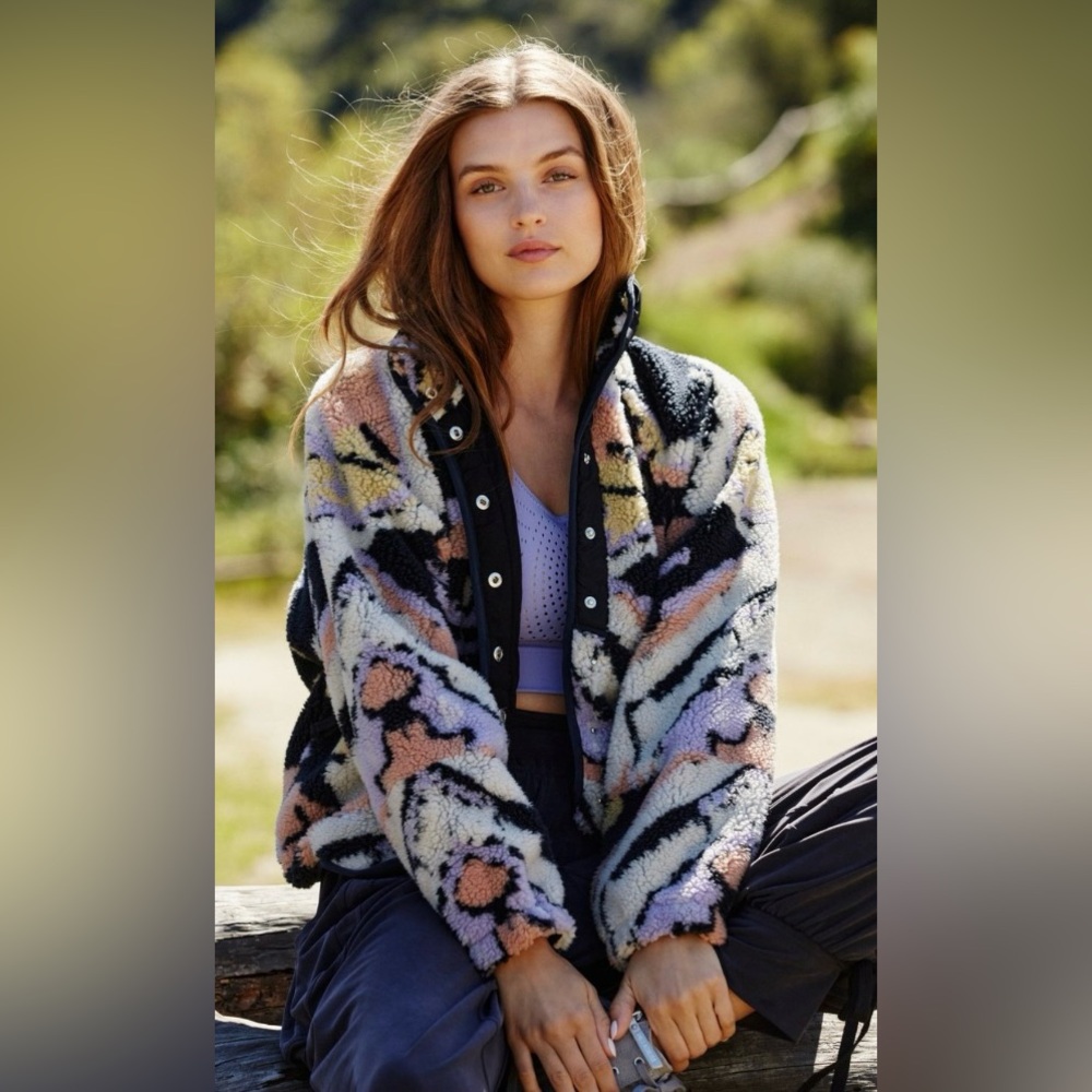 Free People Hit The Slopes Rocky Ridge Fleece Jacket Black Combo Size S